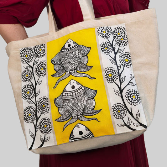 Fish Hand-Painted Cotton Tote Bag
