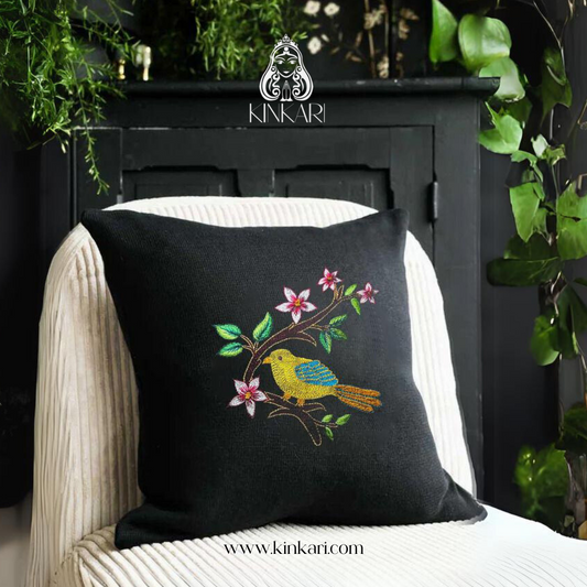 Hand-Embroidered Yellow Bird Cushion Cover