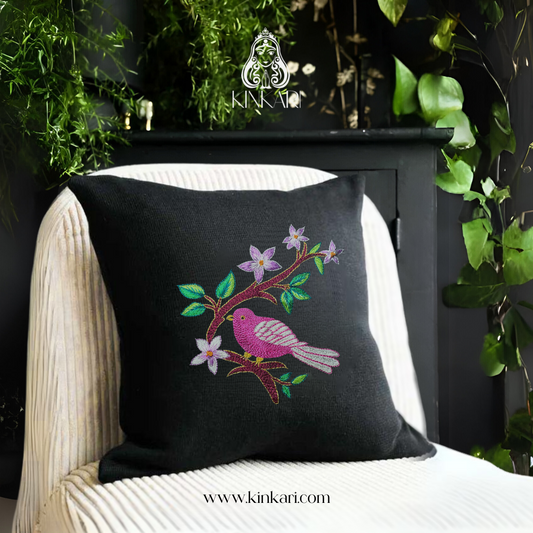 Hand-Embroidered Pink Bird Cushion Cover